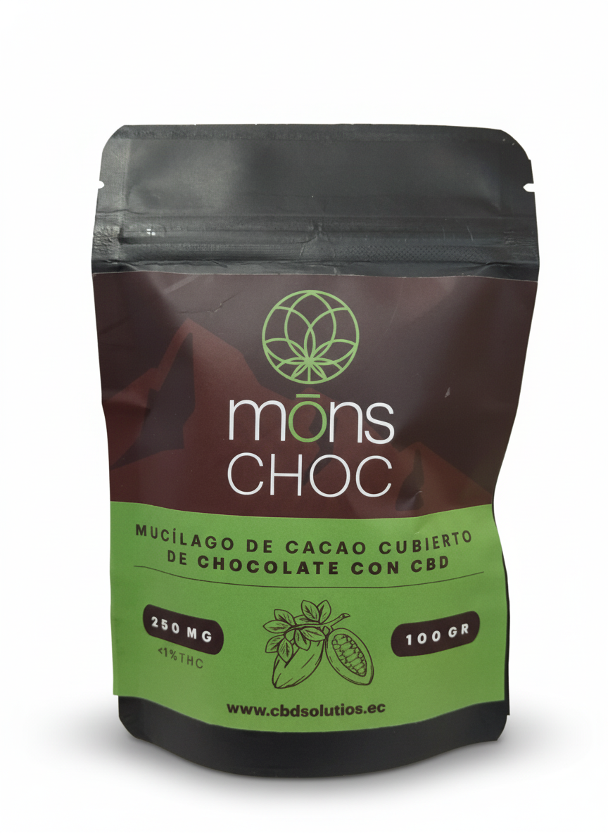Mōns Choc: Mucílago de Cacao Cubierto de Chocolate con CBD - 100g